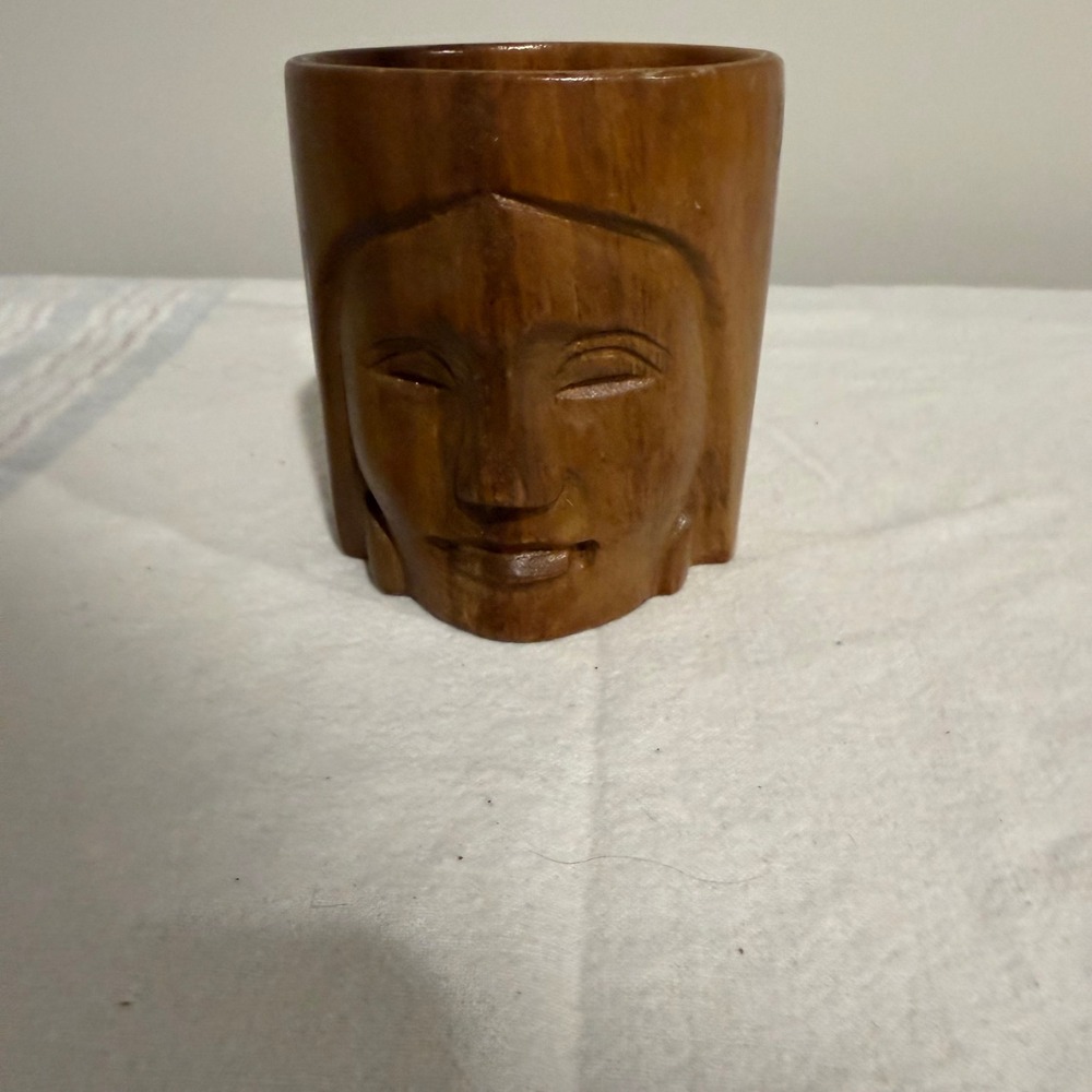 Vintage Hand Carved Wooden Face Mug Artisan Tribal Folk Art Wood Cup Brown